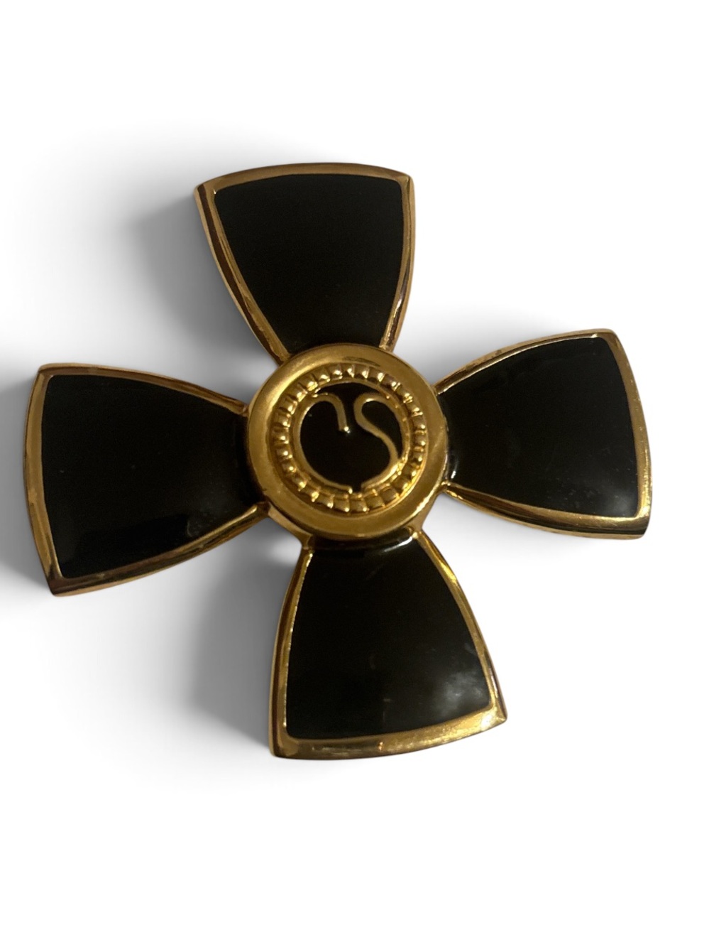 St. John Knits Black and Gold Cross Brooch with Logo Medallion